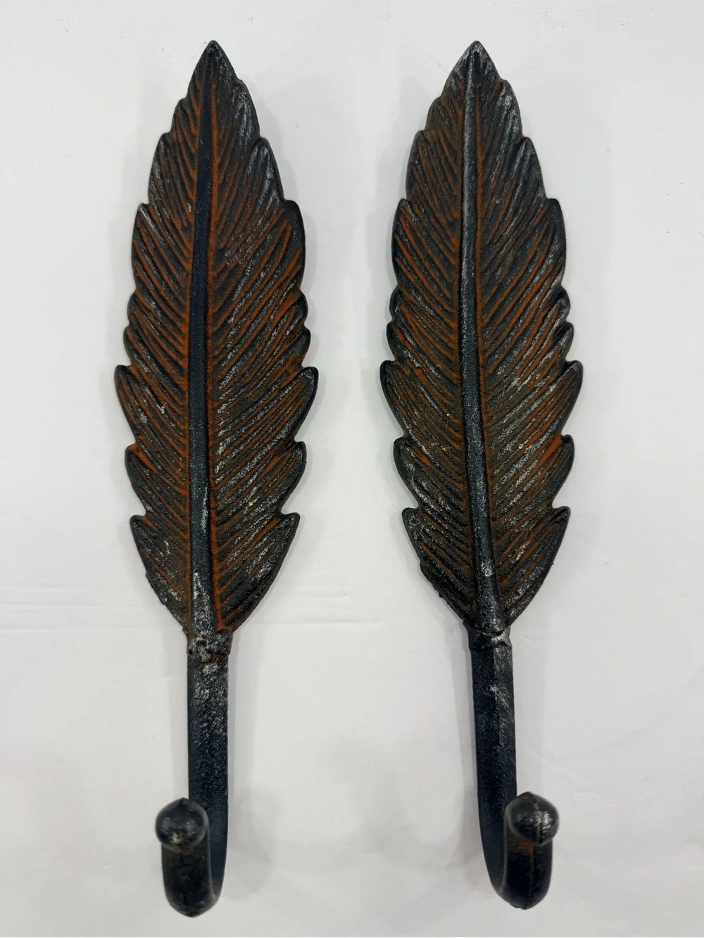 *2* Vintage Cast Iron Feather Wall Hooks Rustic Brutalist Decor 9.5